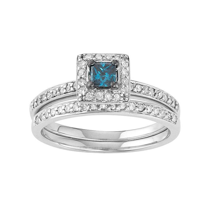 10k White Gold 1/2 Carat T.w. Blue & White Diamond Engagement Ring Set, Women's, Size: 6