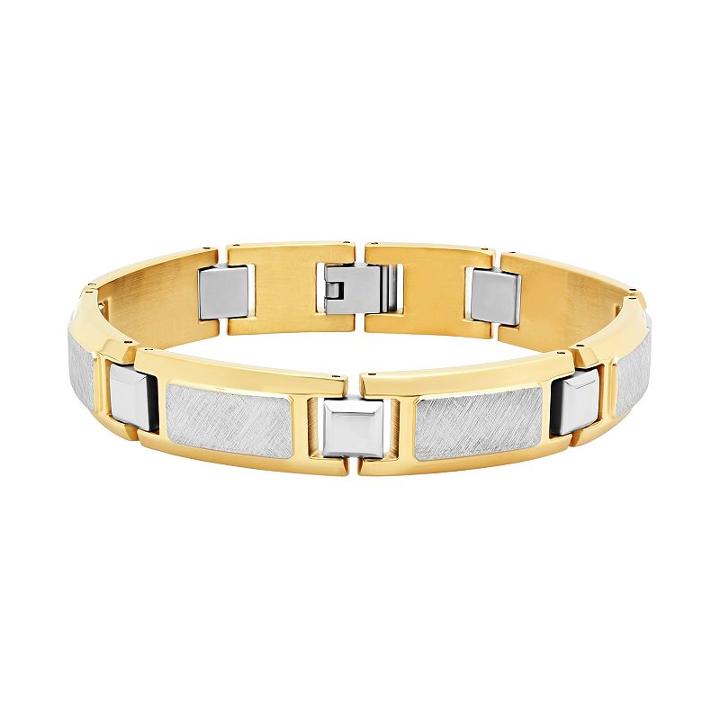 Men's Two Tone Stainless Steel Rectangle Link Bracelet, Size: 8.5, Silver