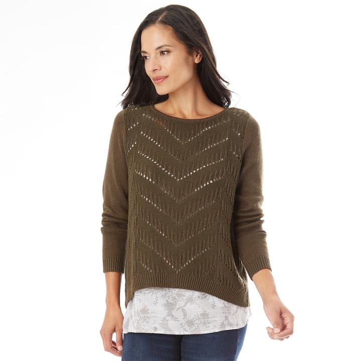 Women's Apt. 9&reg; Pointelle Mock-layer Sweater, Size: Small, Olive Chevron
