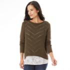 Women's Apt. 9&reg; Pointelle Mock-layer Sweater, Size: Small, Olive Chevron