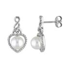 Freshwater Cultured Pearl & 1/10 Carat T.w. Diamond Sterling Silver Heart Drop Earrings, Women's, White