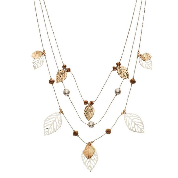 Two Tone Leaf Charm Multi Strand Necklace, Women's, Multicolor