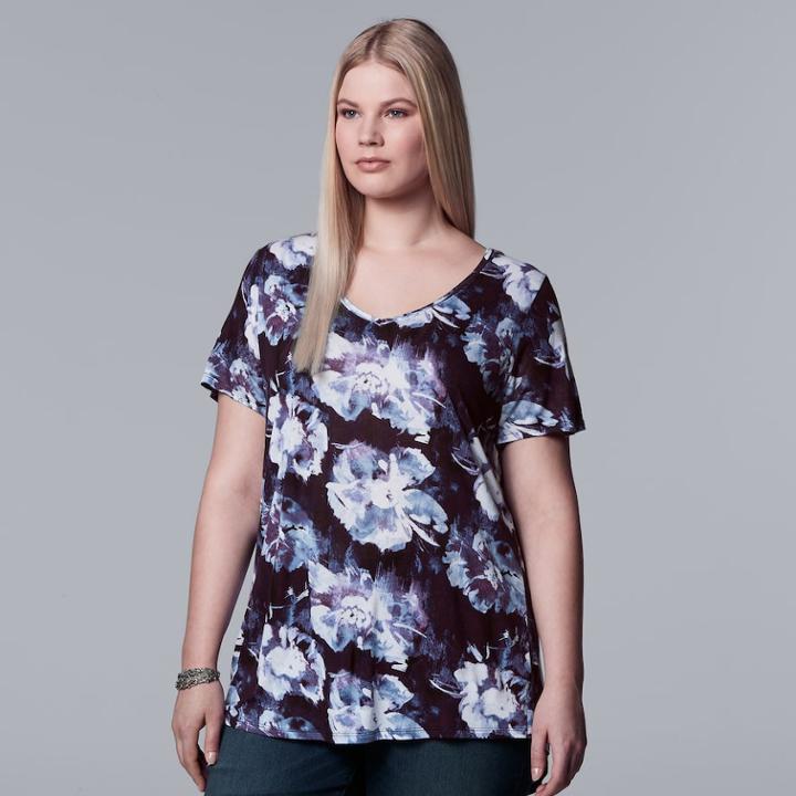 Plus Size Simply Vera Vera Wang Printed V-neck Tee, Women's, Size: 1xl, Black