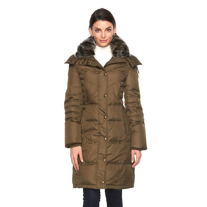 Women's Towne By London Fog Hooded Down Puffer Jacket, Size: Small, Green