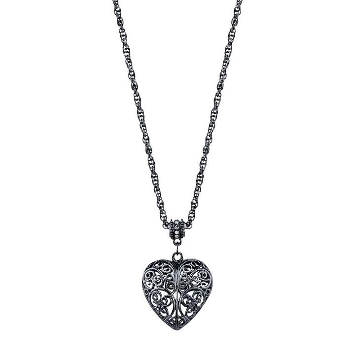 1928 Filigree Heart Pendant Necklace, Women's, Size: 18, Black