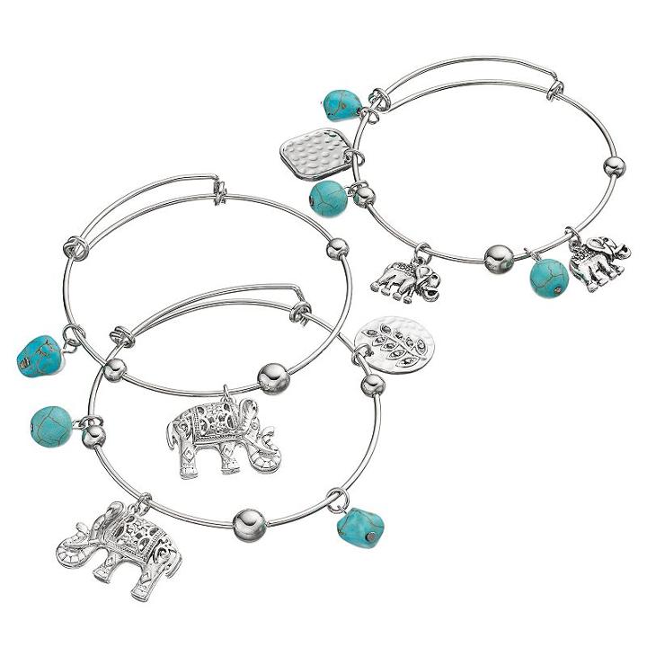 Simulated Turquoise Elephant Charm Bangle Bracelet Set, Women's, Turq/aqua
