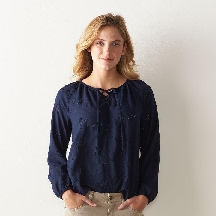 Petite Sonoma Goods For Life&trade; Lace-up Embroidered Peasant Top, Women's, Size: L Petite, Dark Blue