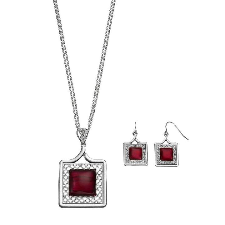 Red Square Necklace & Drop Earring Set, Women's