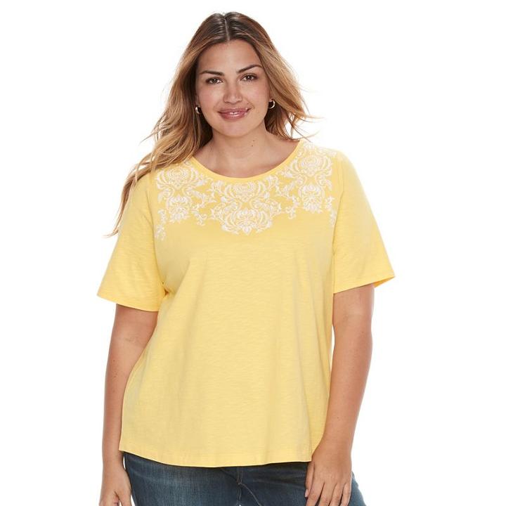 Plus Size Croft & Barrow&reg; Embroidered Scoopneck Tee, Women's, Size: 3xl, Gold