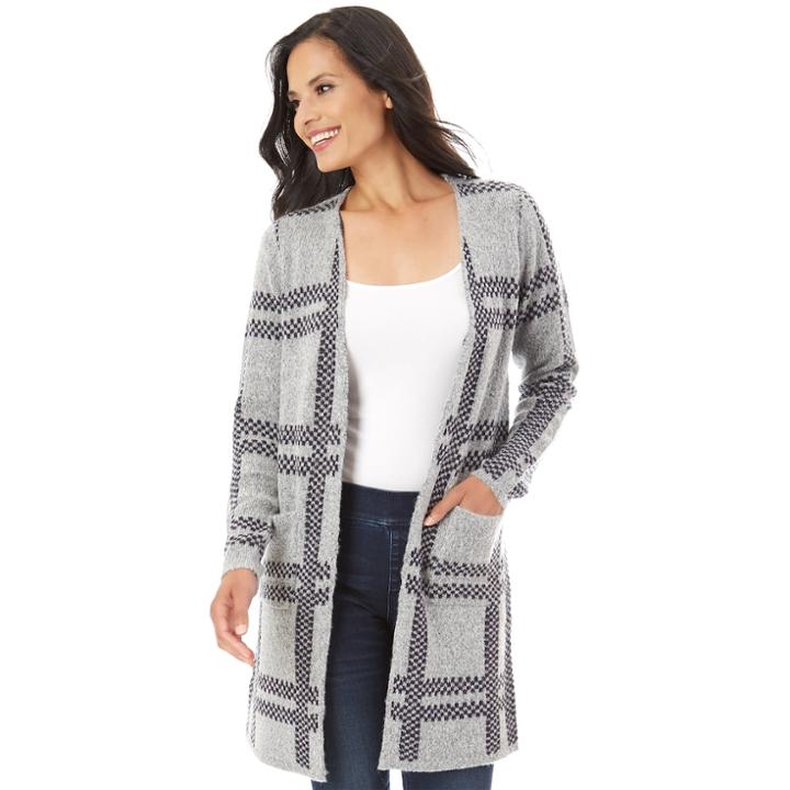 Women's Apt. 9&reg; Open-front Long Cardigan, Size: Medium, Navy Plaid