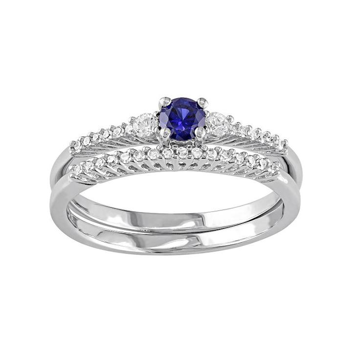 Sterling Silver 1/10 Carat T.w. Diamond & Lab-created Blue & White Sapphire Engagement Ring Set, Women's, Size: 7
