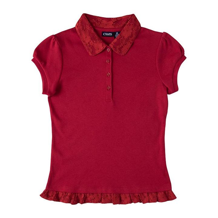 Girls 4-16 Chaps School Uniform Lace Ruffle Polo, Girl's, Size: 8-10, Red Other