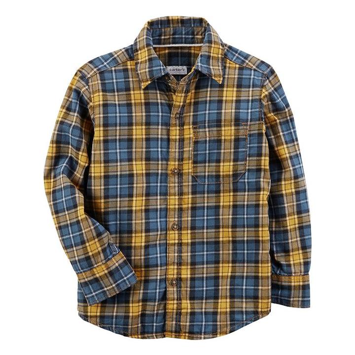 Boys 4-7 Carter's Plaid Flannel Button-down Shirt, Size: 5, Navy Yellow Plaid