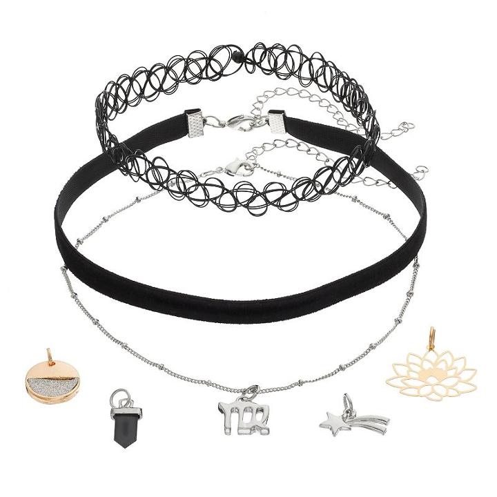 Mudd&reg; Virgo, Star & Lotus Flower Charm Choker Necklace Set, Women's, Black