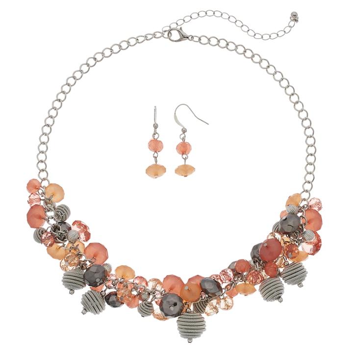 Beaded Cluster Necklace & Drop Earrings Set, Women's, Pink