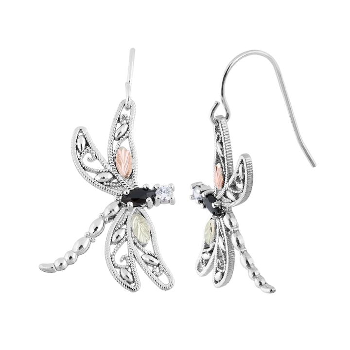 Black Hills Gold Tri-tone Onyx & Cubic Zirconia Dragonfly Drop Earrings In Sterling Silver, Women's