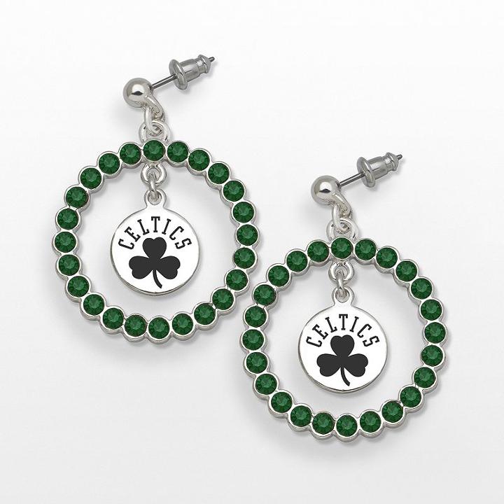 Logoart Boston Celtics Silver Tone Crystal Logo Charm Hoop Drop Earrings, Women's, Green