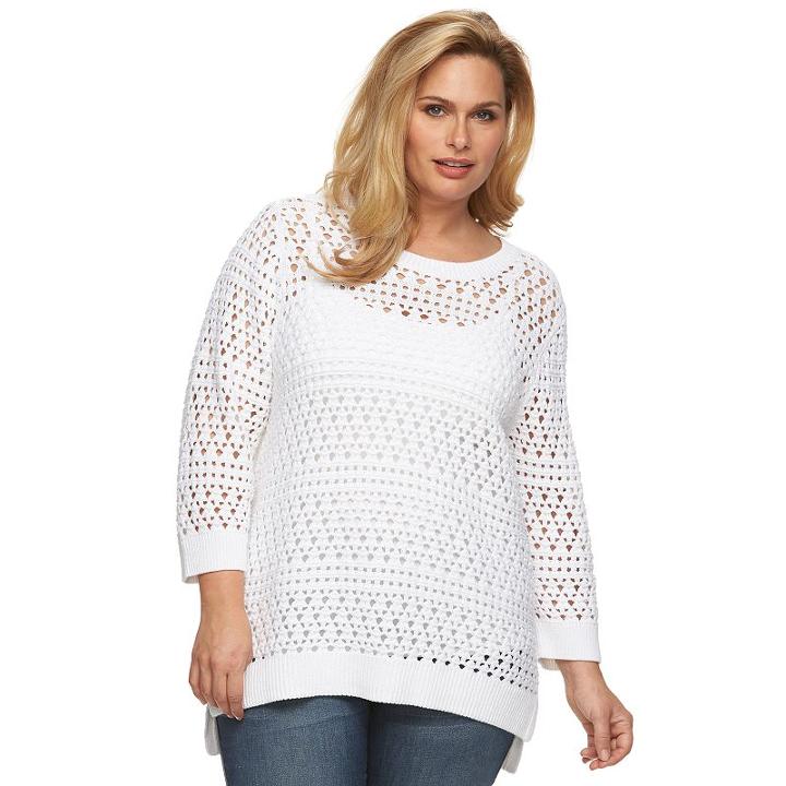Plus Size Croft & Barrow&reg; Open-work High-low Sweater, Women's, Size: 1xl, White
