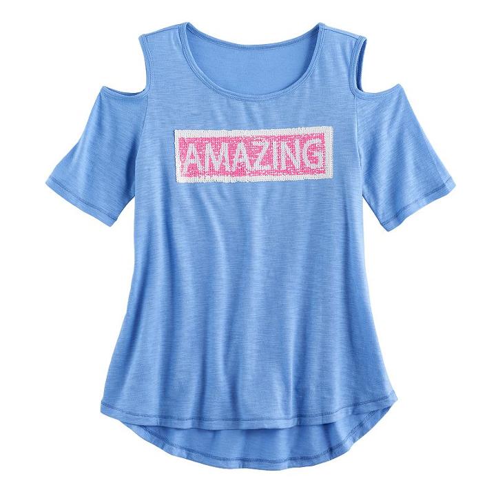 Girls 7-16 So&reg; Cold Shoulder Two-way Sequin Tee, Size: 7-8, Natural