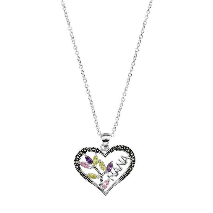 Silver Luxuries Cubic Zirconia & Marcasite Nana Heart Pendant Necklace, Women's, Size: 18, Grey
