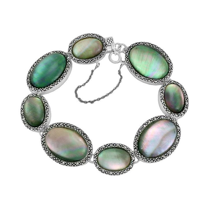 Sterling Silver Shell And Marcasite Oval Link Bracelet, Women's, Size: 7.50, Black
