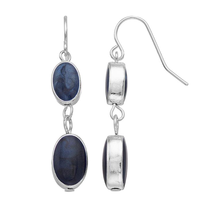 Silver Tone Double Nickel Free Blue Oval Drop Earrings, Women's
