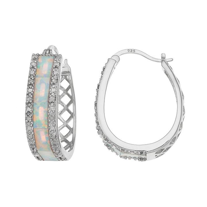 Sterling Silver 1/4 Carat T.w. Diamond & Lab-created White Opal Oval Hoop Earrings, Women's