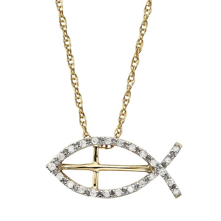 Diamond Petites 1/10 Carat T.w. Diamond 10k Gold Ichthys Fish Pendant Necklace, Women's, Size: 18, White