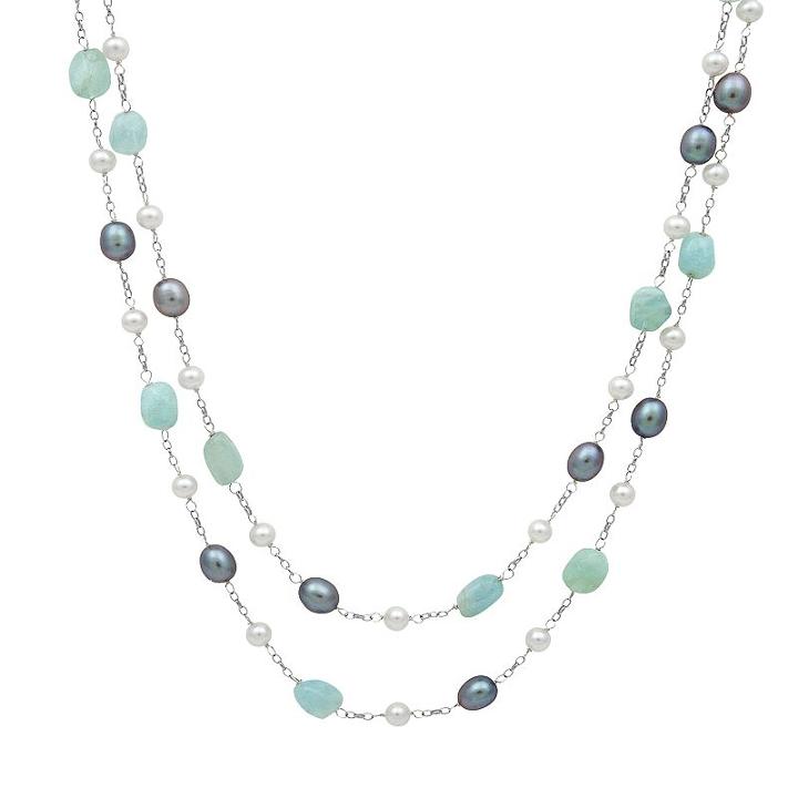 Sterling Silver Dyed Freshwater Cultured Pearl And Aquamarine Multistrand Station Necklace, Women's, Blue
