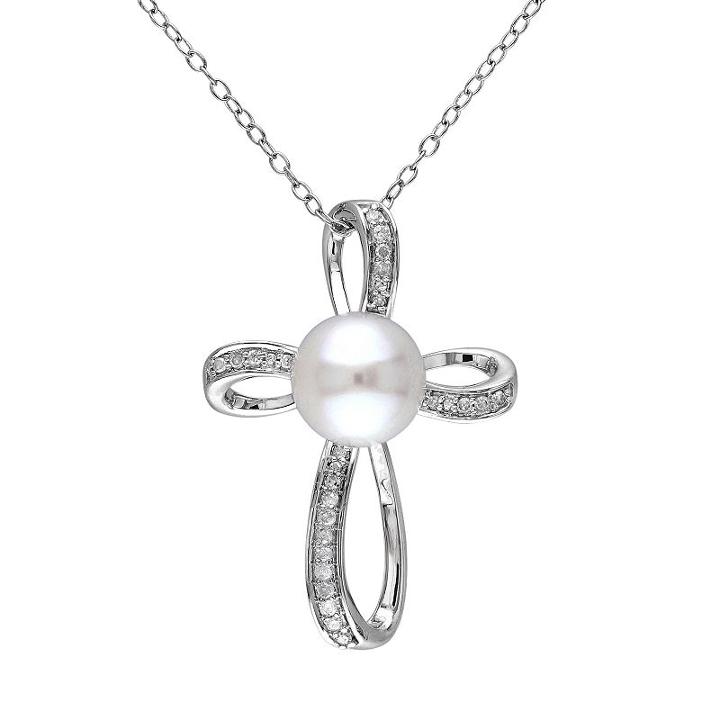 Freshwater Cultured Pearl & 1/10 Carat T.w. Diamond Sterling Silver Ribbon Cross Pendant Necklace, Women's, Size: 18, White