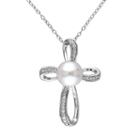 Freshwater Cultured Pearl & 1/10 Carat T.w. Diamond Sterling Silver Ribbon Cross Pendant Necklace, Women's, Size: 18, White