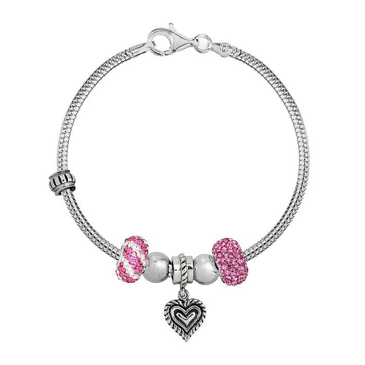 Individuality Beads Crystal Sterling Silver Snake Chain Bracelet, Bead & Heart Charm Set, Women's, Pink