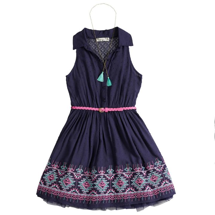 Girls 7-16 Knitworks Embroidered Belted Shirt Dress With Necklace, Size: 16, Blue (navy)