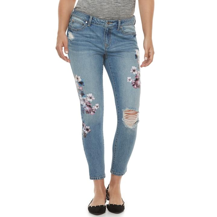 Women's Jennifer Lopez Floral Ripped Midrise Ankle Skinny Jeans, Size: 4, Blue