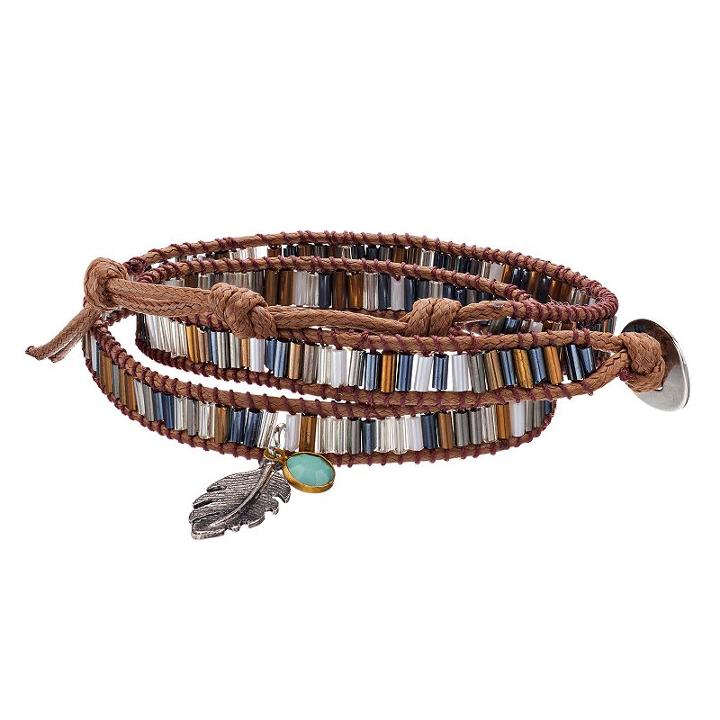 Mudd&reg; Leaf Charm Beaded Cord Wrap Bracelet, Women's, Brown