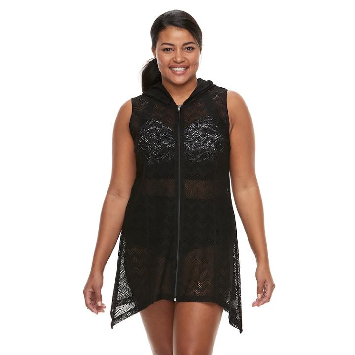 Plus Size Beach Scene Hooded Crochet Cover-up, Women's, Size: 3xl, Black
