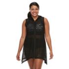Plus Size Beach Scene Hooded Crochet Cover-up, Women's, Size: 3xl, Black