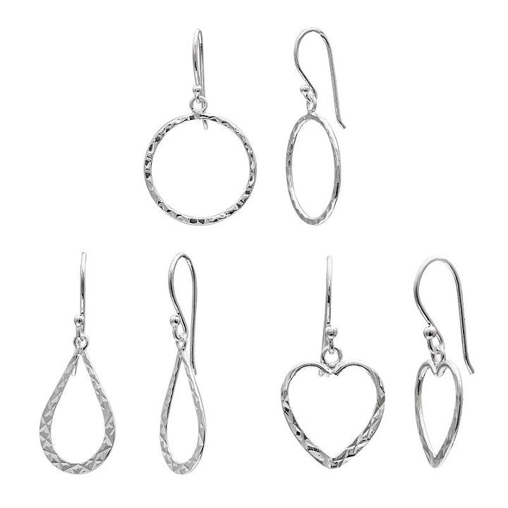 Pure 925 Sterling Silver Circle, Teardrop & Heart Drop Earring Set, Women's
