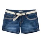 Girls Plus Size Mudd&reg; Belted Dark Wash Jean Shortie Shorts, Size: 16 1/2, Blue