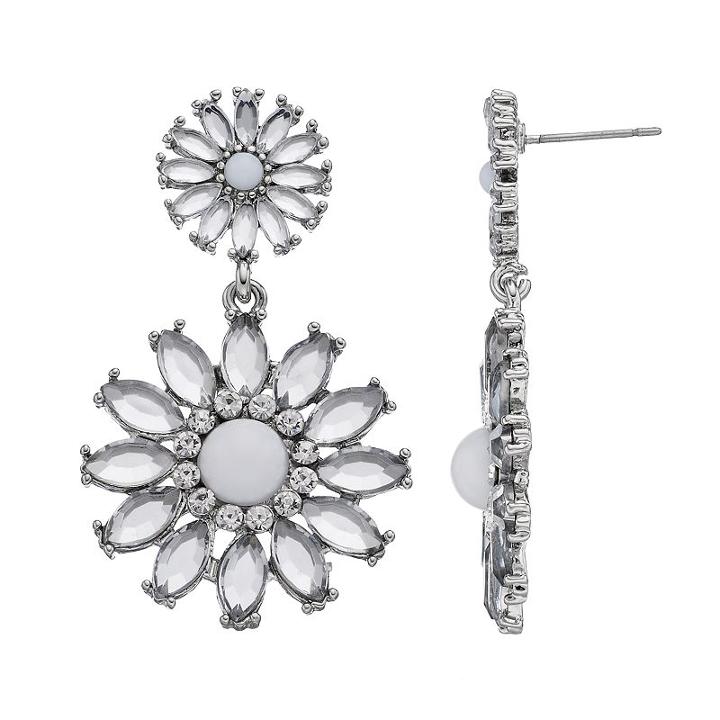 Simulated Crystal Double Floral Drop Earrings, Women's, White