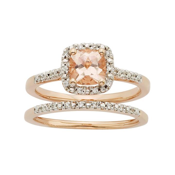 14k Rose Gold Morganite & 1/8 Carat T.w. Diamond Halo Engagement Ring Set, Women's, Pink