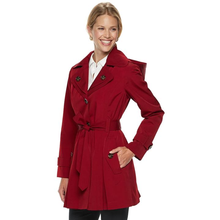 Women's Tower By London Fog Hooded Double Lapel Raincoat, Size: Xl, Pink