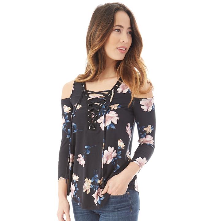 Juniors' Iz Byer Lace-up Cold Shoulder Top, Size: Large, Navy Floral