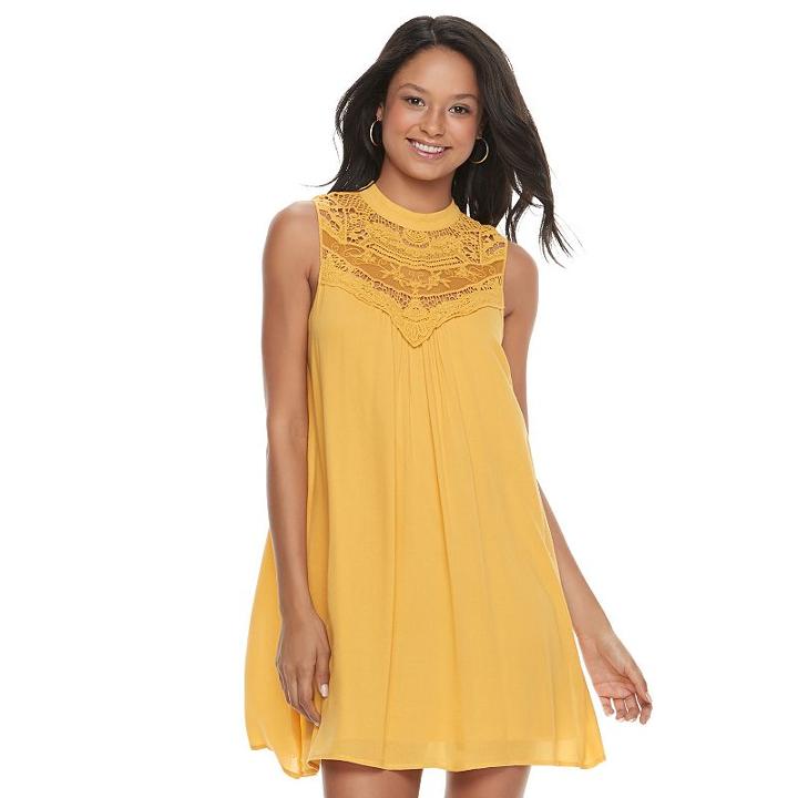 Juniors' Lily Rose Crochet Yoke Mockneck Dress, Teens, Size: Medium, Gold