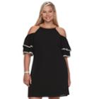 Juniors' Plus Size Wrapper Tiered Sleeve Cold-shoulder Dress, Teens, Size: 1xl, Black White