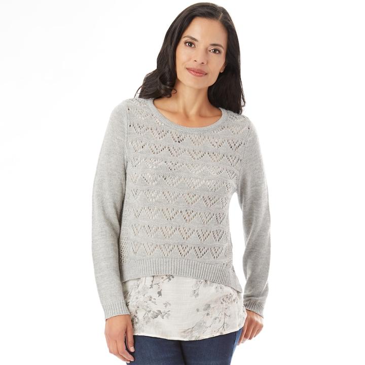Women's Apt. 9&reg; Pointelle Mock-layer Sweater, Size: Large, Heather Gray