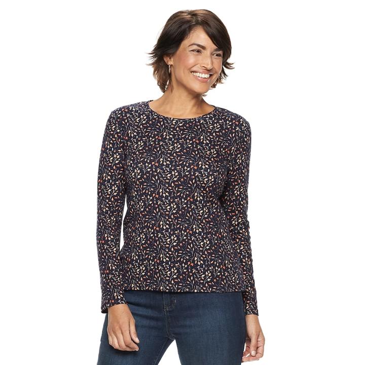 Petite Croft & Barrow&reg; Harvest Motif Long Sleeve Top, Women's, Size: L Petite, Dark Blue