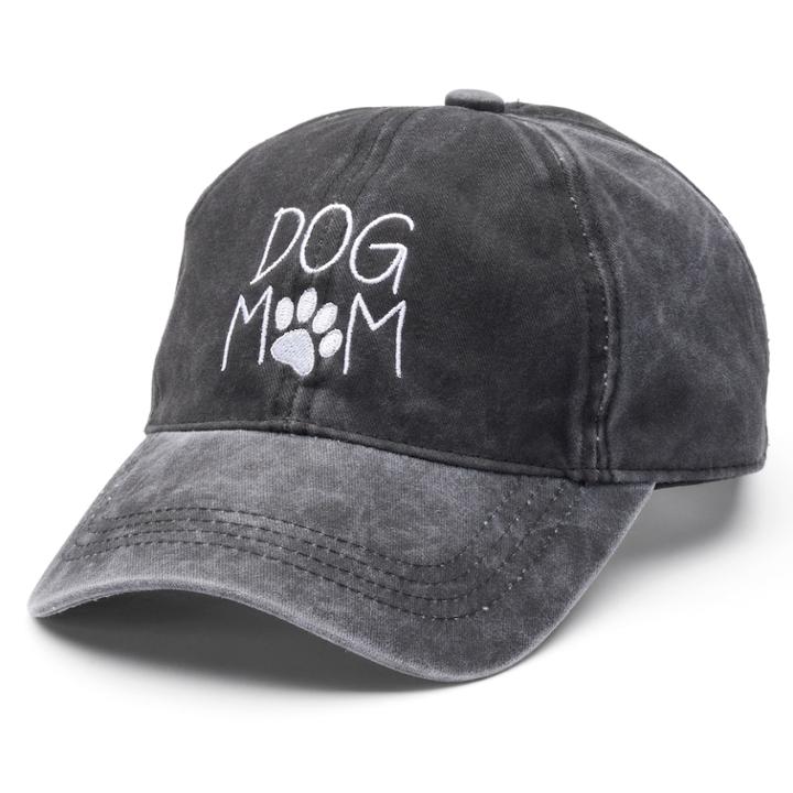 Women's Embroidered Dog Mom Washed Baseball Cap, Black