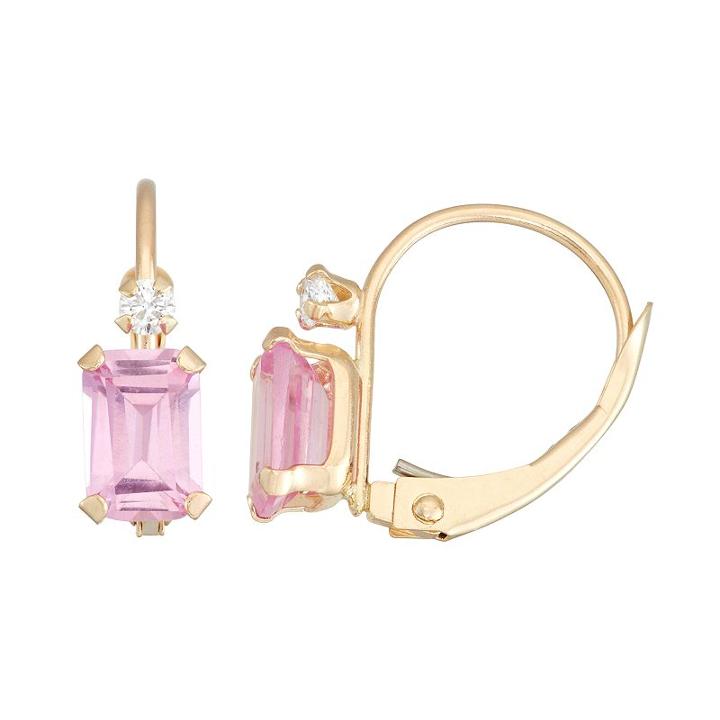 10k Gold Emerald-cut Lab-created Pink Sapphire & White Zircon Leverback Earrings, Women's