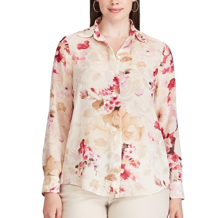 Plus Size Chaps Pleated Back Floral Shirt, Women's, Size: 1xl, White